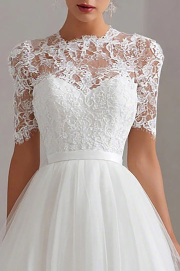 White High Neck A Line Lace Courthouse Wedding Dress